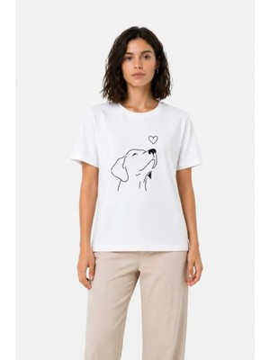 İkales Ikales Köpek Figürlü Minimal Baskılı Tişört Kısa Kol Yazlık T-Shirt - Beyaz