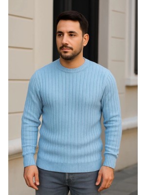 İkales Ikales Erkek Bisiklet Yuvarlak Yaka Triko Kazak Pamuklu Kalın Fitilli Dokuma, Regular Fit Uzun Kollu Kışlık Model - Bebe Mavisi