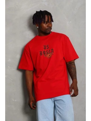 İkales Ikales Erkek Baskılı T-Shirt Kısa Kol Bisiklet Yaka Regular Fit Rahat Kalıp Günlük Tişört - Kırmızı