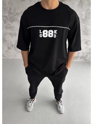 İkales Ikales Unisex Bisiklet Yaka Baskılı Oversize T-Shirt - Siyah