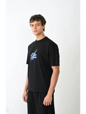 İkales Ikales Unisex Bisiklet Yaka Baskılı Oversize T-Shirt - Siyah