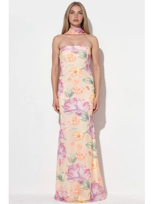 Hiccup Kadınlar Straplez Çiçek Desenli Tül Kuşaklı Bodycon Maxi Elbise Çok Renkli