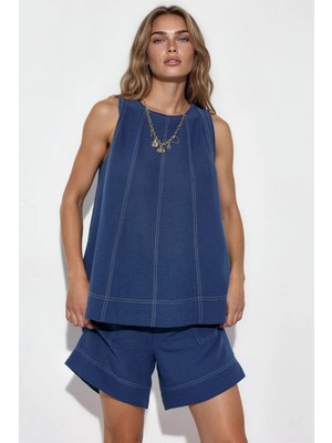 Hiccup Kadınlar Dikiş Detaylı Denim Görünümlü Rahat Kesim İkili Takım Orta Mavi Denim