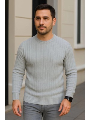 İkales Ikales Erkek Bisiklet Yuvarlak Yaka Triko Kazak Pamuklu Kalın Fitilli Dokuma, Regular Fit Uzun Kollu Kışlık Model - Gri