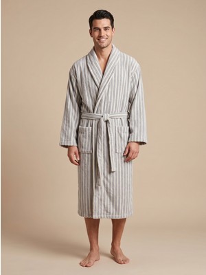 Cotton Paris Maison Stripe Premium Series Jakarlı Çizgili %100 Pamuk Şal Yaka Lüks Unisex Bornoz -Misty Blue Collection