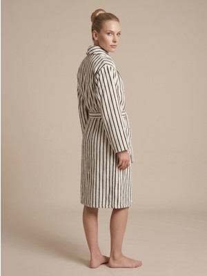 Cotton Paris Maison Stripe Premium Series Jakarlı Çizgili %100 Pamuk Şal Yaka Lüks Unisex Bornoz - Ekru & Siyah