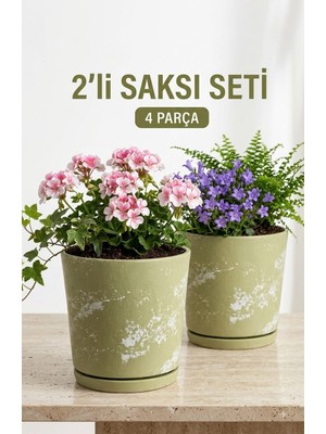 Newme Söğüt Yeşili Drenaj Delikli 2’li Seramik Saksı (Kalemlik,fırçalık,masa Organizeri ) / Modern Dekoratif El Yapımı Tasarım 12 cm