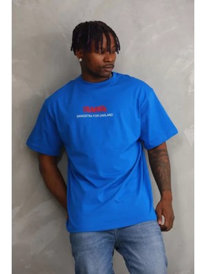 İkales Ikales Unisex Baskılı Oversize T-Shirt - Mavi