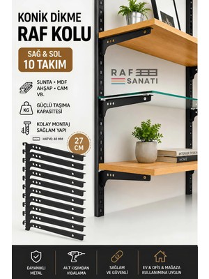Raf Sanatı 10 Takım Raf Destek Kolu 27 cm – 40 Hatve – Ahşap Mdf Sunta Cam Raf Tutucu Raf Kolu Siyah
