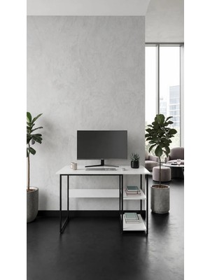 Ayz Vienna 60X120CM 2 Raflı Metal Ayak Çalışma Masası Laptop Masası Bilgisayar Masası  Siyah-Beyaz