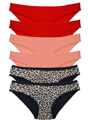 Hace Bazaar 6 Adet Likralı Kadın Slip Külot Leopar Kırmızı Pudra
