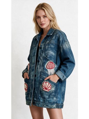 Kadın El Boyaması Boncuk Işlemeli Deniz Kabuğu Detaylı Oversize Denim Ceket