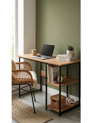 Ayz Vienna 60X120CM 2 Raflı Metal Ayak Çalışma Masası Laptop Masası Bilgisayar Masası  Siyah- Çam