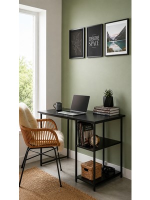 Ayz Vienna 60X120CM 2 Raflı Metal Ayak Çalışma Masası Laptop Masası Bilgisayar Masası  Siyah- Siyah