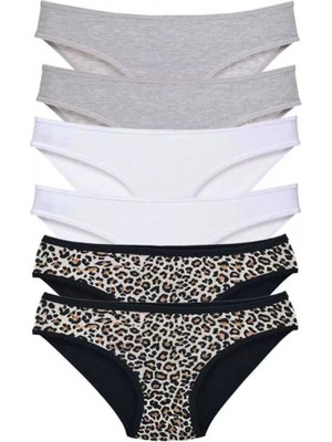 Hace Bazaar 6 Adet Likralı Kadın Slip Külot Leopar Gri Beyaz