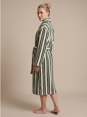 Cotton Paris Maison Stripe Premium Series Jakarlı Çizgili %100 Pamuk Şal Yaka Lüks Unisex Bornoz - Orman Yeşili