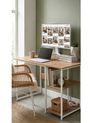 Ayz Raflı Çalışma Masası Bilgisayar Masası Laptop Masası Öğrenci Ders Ofis Home Office Metal Ayaklı Geniş Kitaplıklı Vienna 60x120 cm Beyaz Çam