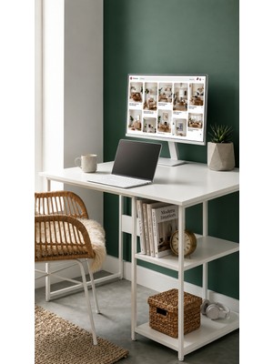 Ayz Raflı Çalışma Masası Bilgisayar Masası Laptop Masası Öğrenci Ders Ofis Home Office Metal Ayaklı Geniş Kitaplıklı Vienna 60x120 cm Beyaz Beyaz