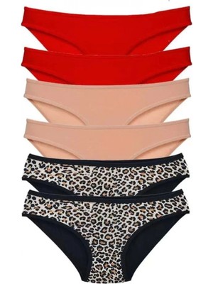 Hace Bazaar 6 Adet Likralı Kadın Slip Külot Leopar Kırmızı Ten