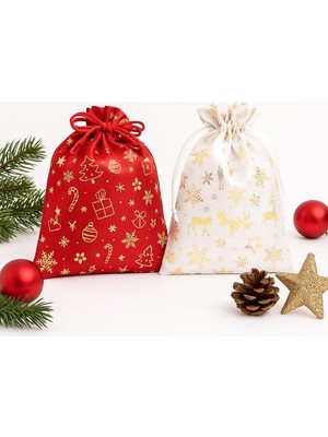 Kazan Hobi 2’li Set 17X23 cm Yılbaşı Hediye Kesesi – Kırmızı & Beyaz Altın Yaldızlı Noel Temalı Kumaş Çanta | Yılbaşı Hediye Paketi Kesesi