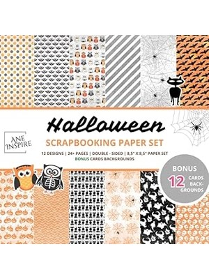 Kazan Hobi Halloween Scrapbook Pages: 24+ Double-Sided Sheets For Scrapbooking 8,5 x 8,5 | 12 Bonus Card Backgrounds | Owls | Bats | Cats | Cobwebs | Ghosts | Skulls | Patterns | Orange Gray And Black