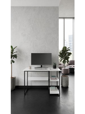 Ayz Vienna 2 Raflı Metal Ayak Çalışma Masası Laptop Masası Bilgisayar Masası 60X120CM Siyah Beyaz