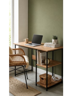 Ayz Vienna 2 Raflı Metal Ayak Çalışma Masası Laptop Masası Bilgisayar Masası 60X120CM Siyah Çam