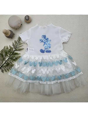 Baby 1-2-3 Yaş Payetli Mickey Baskılı Brode Etekli Kız Bebek Elbisesi Turkuaz Baby Najmaddin