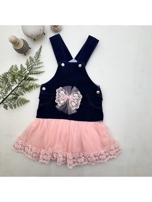 Najmaddin Baby 2-3-4 Yaş Fiyonklu Düğme Detaylı Tül Etek Kot Kumaş Salopet Kız Çocuk Elbisesi Lacivert