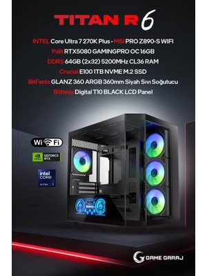 Game Garaj Titan R6 Intel U7 270K Plus RTX5080 64GB Ram 1tb SSD 360MM Sıvı Soğt Freedos Oyuncu Oem Paket