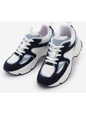 Marjin Kadın Sneaker Yüksek Kalın Taban Çok Parçalı Bağcıklı Spor Ayakkabı Merita Mavi