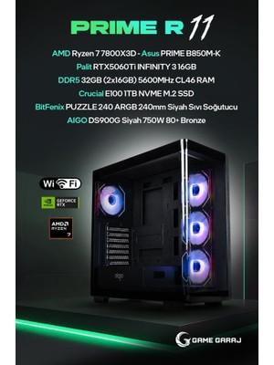 Game Garaj Prime R11 Amd R7 7800X3D 16 GB RTX5060TI 32 GB Ram 1tb SSD 240MM Sıvı Soğt Freedos Oyuncu Oem Paket