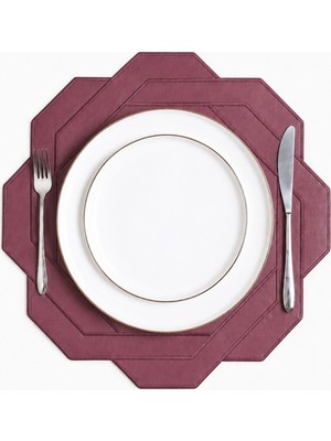 Evien Home Nakışlı Deri Amerikan Servis 2'li Set Çift Taraflı Yuvarlak Supla 42X42 cm Elia Bordo