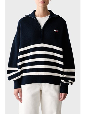 Tommy Jeans Yarım Fermuarlı Çizgili Relaxed Fit Dik Yaka Logolu Kazak Kadın Kazak DW0DW22928 0A9