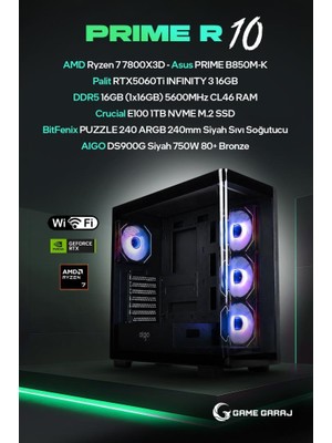 Game Garaj Prime R10 Amd R7 7800X3D 16GB RTX5060TI 16GB Ram 1tb SSD 240MM Sıvı Soğt Freedos Oyuncu Oem Paket