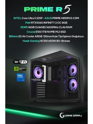 Game Garaj Prime R5 Intel U5 225F RTX5060 16GB Ram 1tb SSD Freedos Oyuncu Oem Paket