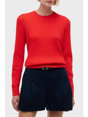 Tommy Hilfiger % 100 Pamuk Regular Fit Bisiklet Yaka Örgü Kazak Kadın Kazak WW0WW44993 Xnf