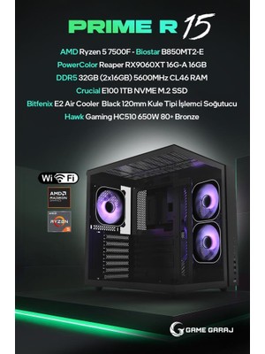 Game Garaj Prime R15 Amd R5 7500F 16GB RX9060XT 32GB Ram 1tb SSD Freedos Oyuncu Oem Paket