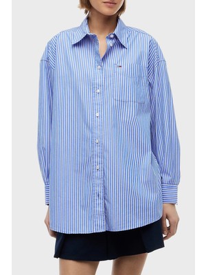 Tommy Jeans Pamuk Karışımlı Oversize Çizgili Poplin Gömlek Kadın Gömlek DW0DW22936 C8P