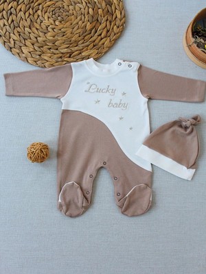 Najmaddin Baby 0-3 3-6 Ay Lucky Baby Nakışlı Es Çizgi Boy Şapkalı Erkek Bebek Tulumu Kahverengi Baby Naj