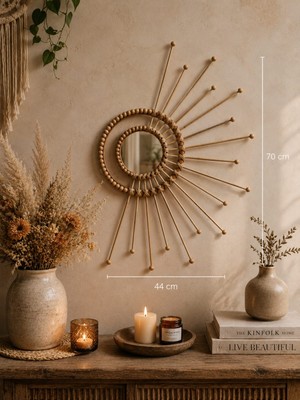 Furestan Home & Living Dekoratif Bambu Yarım Güneş Duvar Aynası 70X44 cm | Bohem Doğal Hasır Ayna | Salon, Antre ve Yatak Odası Dekoru