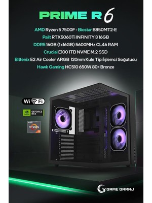 Game Garaj Prime R6 Amd R5 7500F 16GB RTX5060TI 16GB Ram 1tb SSD Freedos Oyuncu Oem Paket