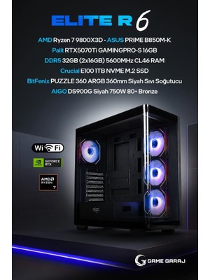 Game Garaj Elite R6 Amd R7 9800X3D RTX5070TI 32GB Ram 1tb SSD 360MM Sıvı Soğt Freedos Oyuncu Oem Paket