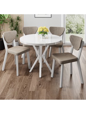 Canisa Agnes Serisi 90 x 90  Yuvarlak Beyaz Masa Takımı ve 4 Cappucino Sandalye
