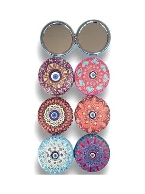 Kazan Hobi Otantik Mandala Tasarımlı Nazar Boncuklu Büyüteçli Kozmetik Yuvarlak Cep Çanta Aynası Kapaklı El Makyaj Aynası 7cm