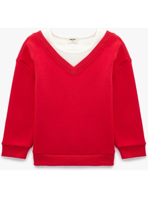 Koton V Yaka Uzun Kollu Pamuklu Şardonlu Sweatshirt