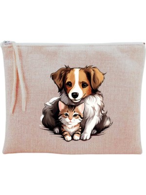 Kazan Hobi Lili Hediyelik Sarılan Kedi Köpek Baskılı Makyaj Çantası Bej, LH902378640921631236123