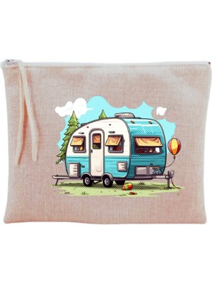Kazan Hobi Mavi Karavan Baskılı Makyaj Çantası Bej, LH9723848091236712321