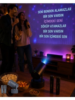 3ü 1 Arada Karaoke ve Projeksiyon Sistemi Çift Mikrofon Destekli - Lisinya