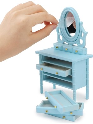 Kazan Hobi Dollhouse Mobilya Makyaj Masası Minyatür Makyaj Seti Çekmeceli Deformasyon Yok Kullanışlı Mini Makyaj Masası (Mavi)